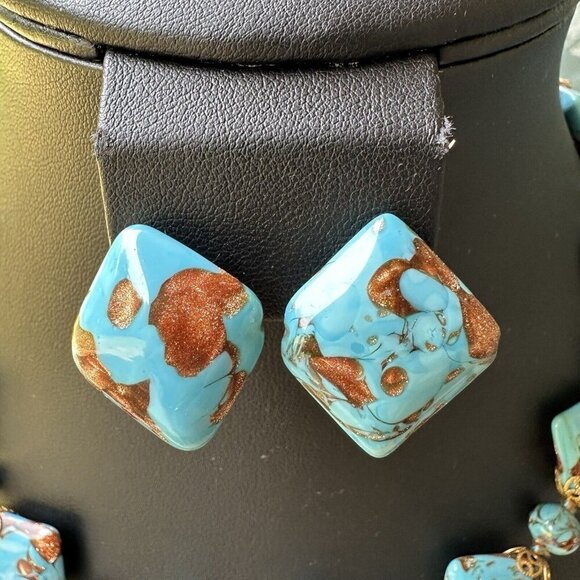 VTG‎ Venetian Turquoise Aventurine Murano Glass Bead Necklace + Earrings 18" - Picture 2 of 13
